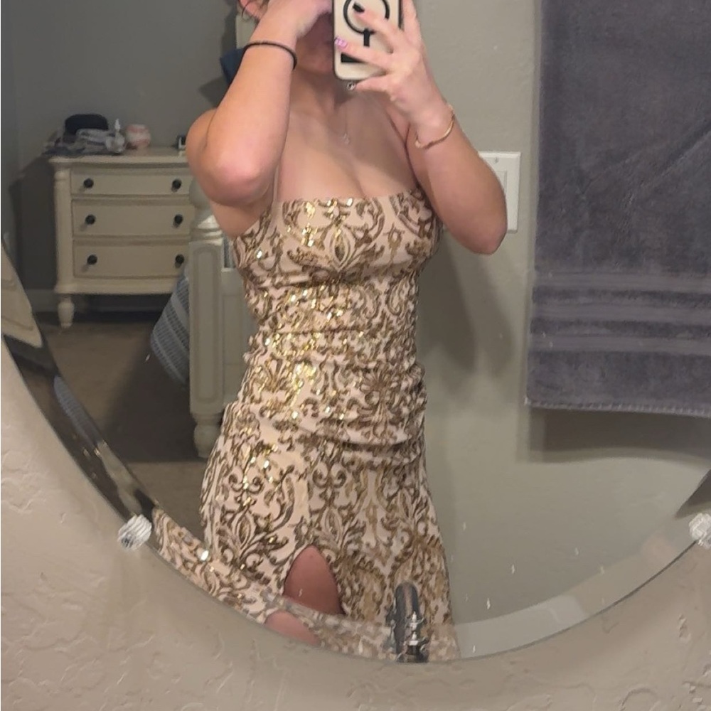 Windsor Tan Sequin Strapless Bodycon Dress